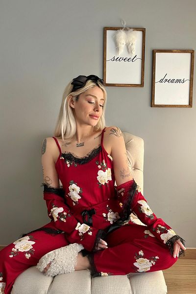 Pijamaevi Burgundy Floral Patterned Pegasus Pajama Set with Dressing Gown
