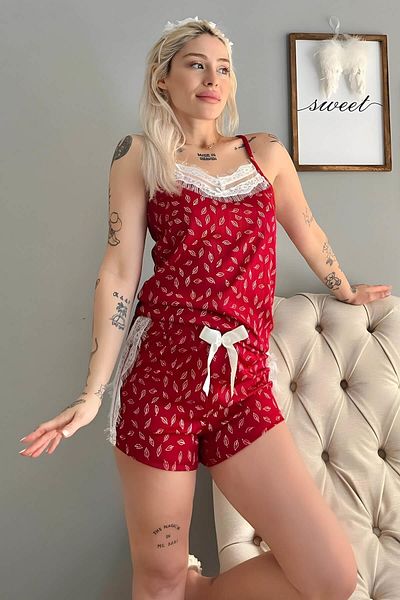 Pijamaevi Knitted Pajama Set with Red Leaf Lace Detailed Rope Strap Shorts