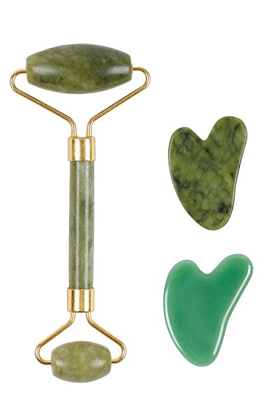 İLTERUS Yeşim Face Roller Aventurin,yeşim Kalp Gua Sha Masaj Taşı Set
