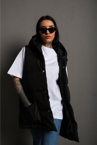 ÖNDER MODA Women's Black Water and Windproof Oversize Hooded Seasonal Puffer Vest - 96
