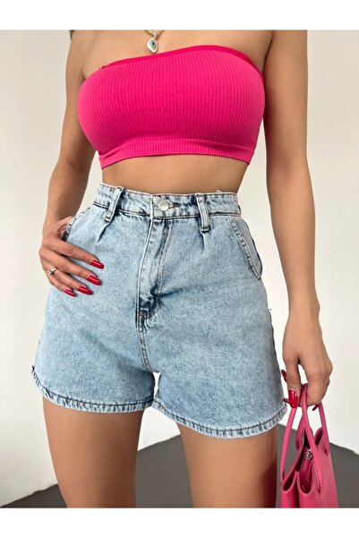 Fiti Giyim Yüksek Bel Geniş Paça Pileli Cepli Denim Kot Şort Mavi