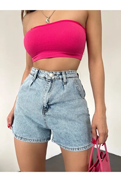 Fiti Giyim Yüksek Bel Geniş Paça Pileli Cepli Denim Kot Şort Mavi