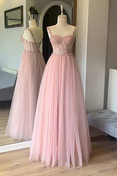 Lenta Moda Simli Pudra Maxi Boy Yaprak Desen Detaylı Transparan Abiye Ve Gece...