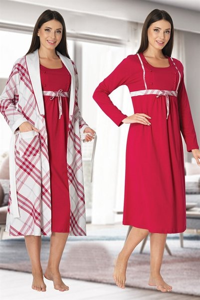 BLACKMORE Cherry Long Sleeve Plaid Pregnant Postpartum Nightgown Dressing Gow...