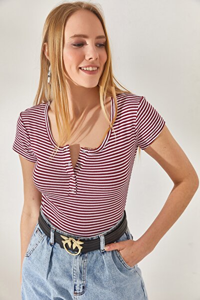 Olalook Damska bordowa bluzka na ramiączkach w paski, zapinana na zatrzask BLZ-19000171