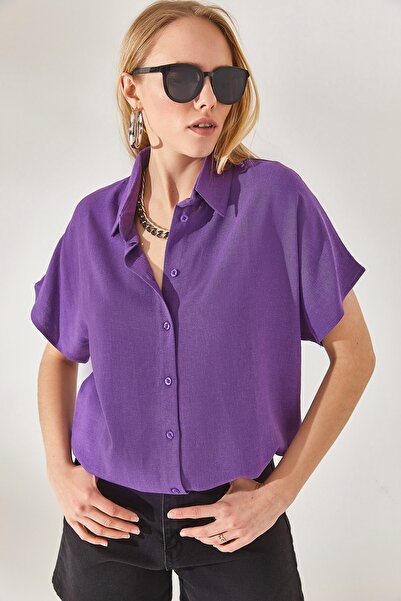 Olalook Γυναικείο λινό πουκάμισο Oversize μωβ νυχτερίδα GML-19001109