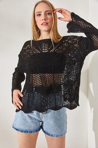 Olalook Women's Black V Detailed Spanish Sleeve Openwork Blouse BLZ-19002241