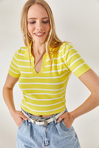 Olalook Dámská žlutá polokošile s proužkovaným úpletem BLZ-19002236