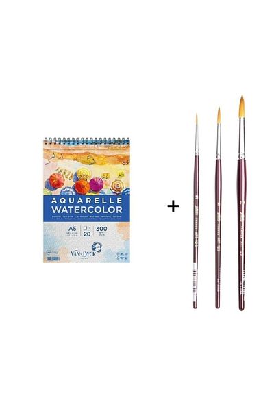 Pebeo Set de pensule pentru acuarelă cu peri sintetici din seria 123 și caiet Van Dyck A5 300gr