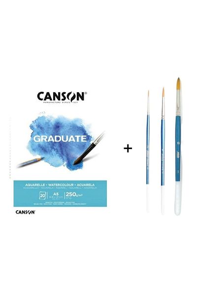 Pebeo Set de 111 pensule sintetice pentru acuarelă cu vârf rotund și caiet Canson Graduate A5 250gr