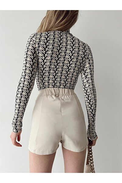 laughs Women's Stone Black Geometric Patterned Half Turtleneck Blouse