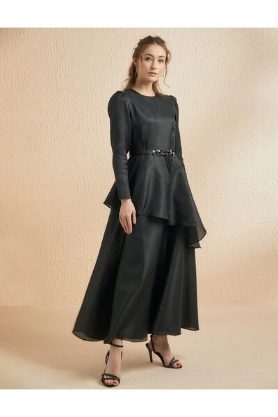Kayra Asimetrik Katmanlı Volanlı Elbise Siyah Kadın Elbise