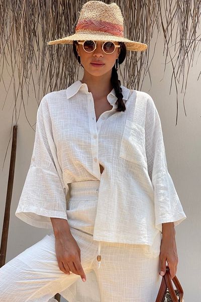 Suzi butik Cămașă de damă din țesătură de bumbac, cu mânecă joasă, cu croială asimetrică supradimensionată