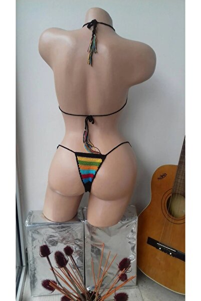Major Butik Tığ Örgü Renkli Çizgili Bikini Takım