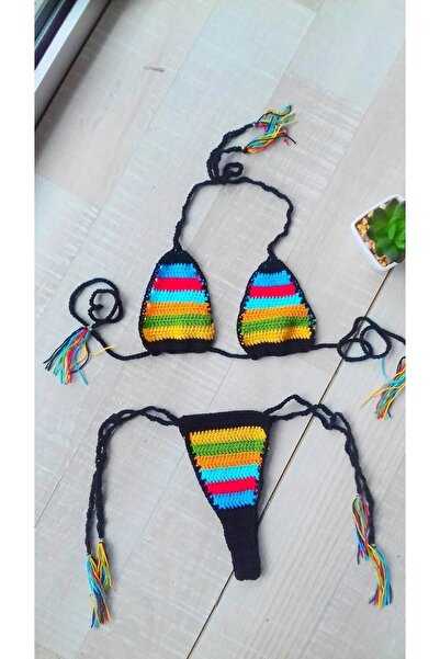 Major Butik Tığ Örgü Renkli Çizgili Bikini Takım