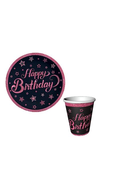 kidspartim Pink Stars Birthday Plate Glass 8 Pieces