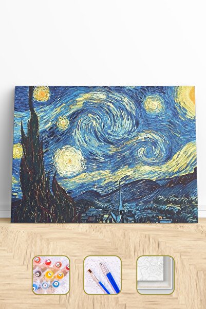 Pastelya Van Gogh Yıldızlı Geceler Sayılarla Boyama Seti Çerçeveli Kasnaklı 4...