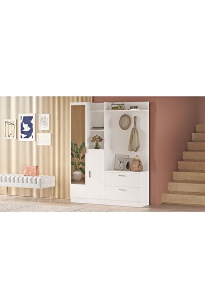 L'occi Concept Jador Aynalı Askılı Kapaklı Vestiyer Ayakkabılık Portmanto Raf Beyaz