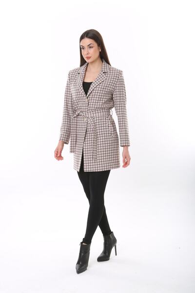 Lalezar Kadın Pembe Kaz Ayağı Desenli Ince Kaban