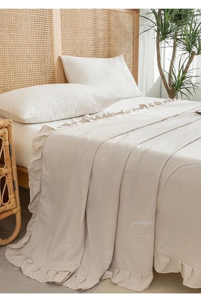 Perdeplus Bedspread Cotton Linen Frilly Beige