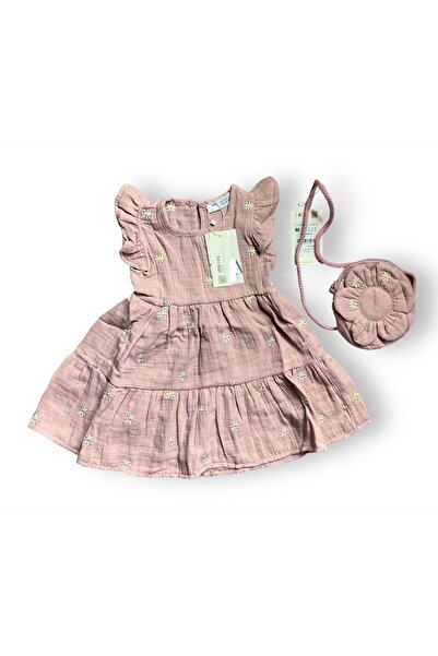 Pink Hippo Kids Papatya Nakış Işlemeli Müslin Kumaş Kız Çocuk Yazlık Elbise Ve Çanta