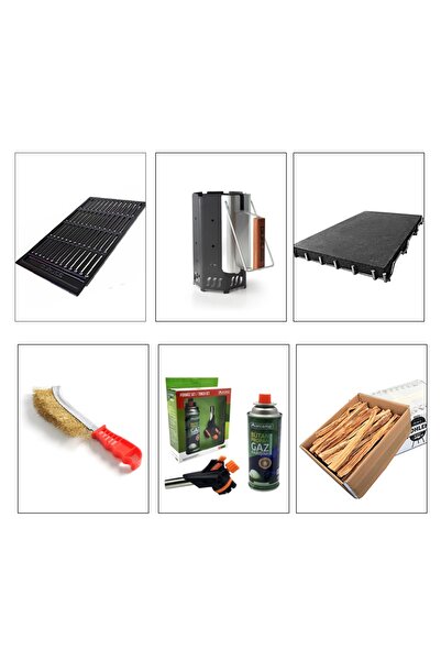 Guruss Gurme Mangal Aksesuar Paketi Döküm Izgara+volkanik Taş+tutuşturma Bacası+pürmüz+çıra+fırça