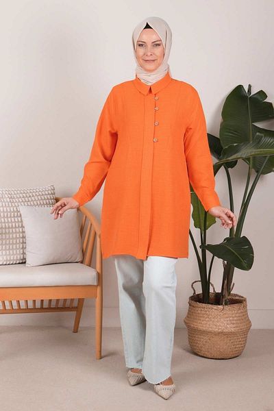 N.Y.YILDIZ Star Linen Ayrobin Shirt Collared Unit Detailed Hidden Button New Season Tunik
