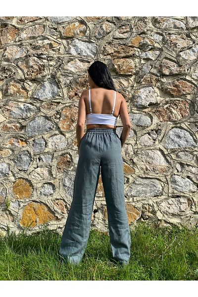 Lieta Boutique 100% Linen High Waist Petrol Blue Women's Trousers / Eco-Friendly Sustainable Unmixed Raw Linen