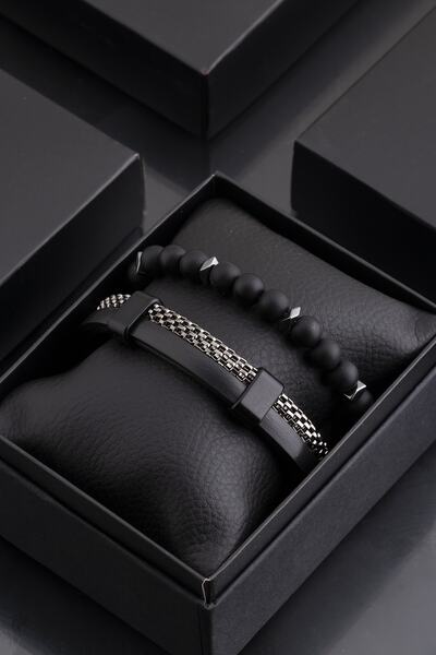 Sortie Aksesuar Hakiki Deri Ve Hematitli Doğal Taş Erkek Kombin Bileklik Seti...
