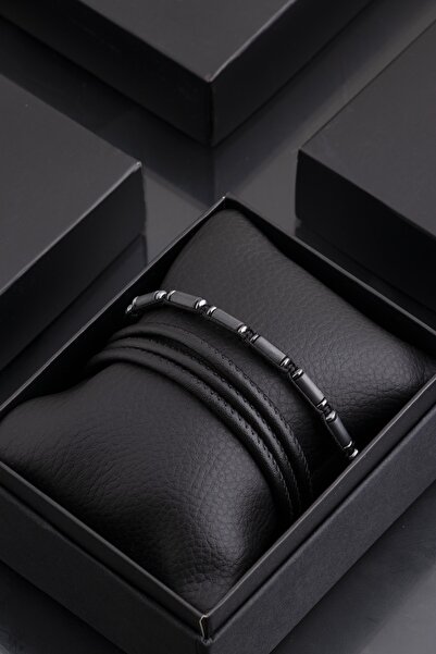 Sortie Aksesuar مجموعة أساور للرجال من الجلد الطبيعي والحجر الطبيعي الهيماتيت...