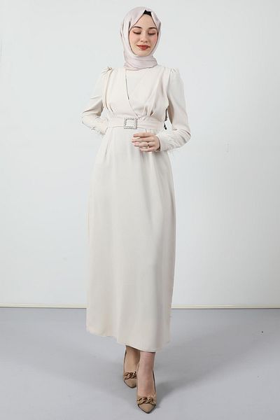 Giza Giyim Κρέμα Φόρεμα Hijab με λεπτομέρεια με πούπουλα