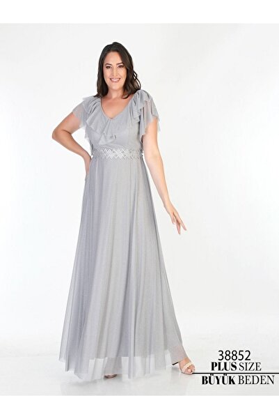 Arin 38852 Beli Şeritli Simli Tül Battal Elbise