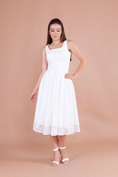 Bidoluelbise Fransız Dantel Kare Yaka Midi Boy Kolsuz Kalın Askılı Abiye & Davet & Mezuniyet Elbisesi