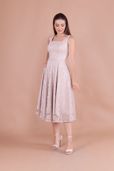 Bidoluelbise Fransız Dantel Kare Yaka Midi Boy Kolsuz Kalın Askılı Abiye & Davet & Mezuniyet Elbisesi