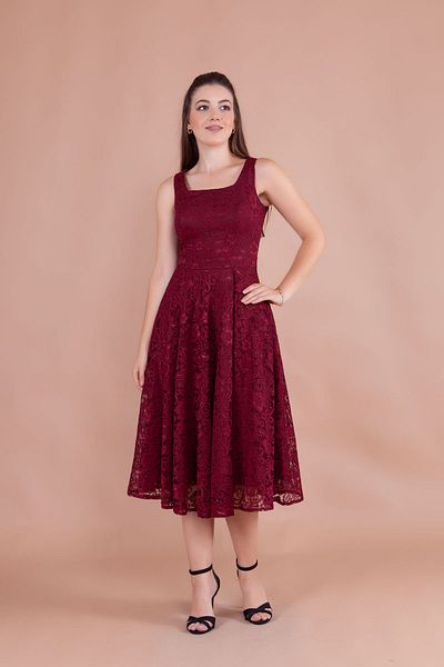 Bidoluelbise French Lace Square Collar Midi Length Sleeveless Thick Strap Evening & Invitation & Graduation Dress