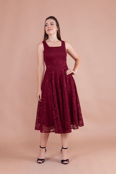 Bidoluelbise French Lace Square Collar Midi Length Sleeveless Thick Strap Evening & Invitation & Graduation Dress