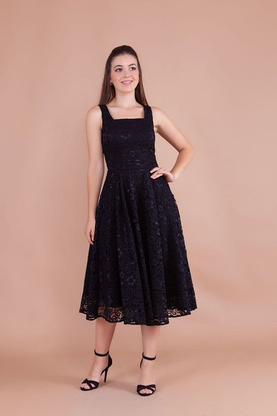 Bidoluelbise French Lace Square Collar Midi Length Sleeveless Thick Strap Evening & Invitation & Graduation Dress