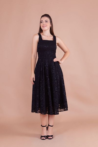 Bidoluelbise French Lace Square Collar Midi Length Sleeveless Thick Strap Evening & Invitation & Graduation Dress