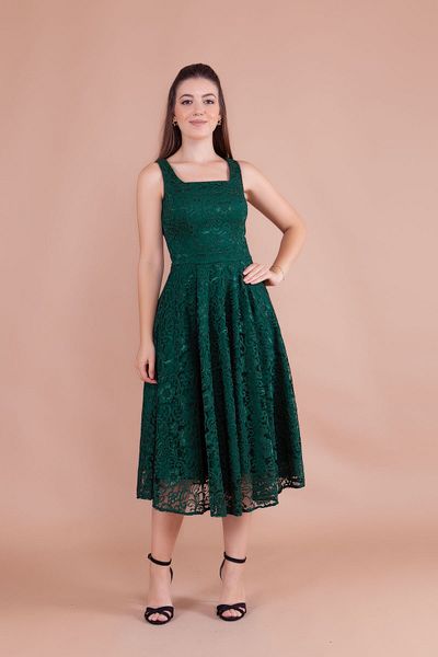 Bidoluelbise French Lace Square Collar Midi Length Sleeveless Thick Strap Evening & Invitation & Graduation Dress