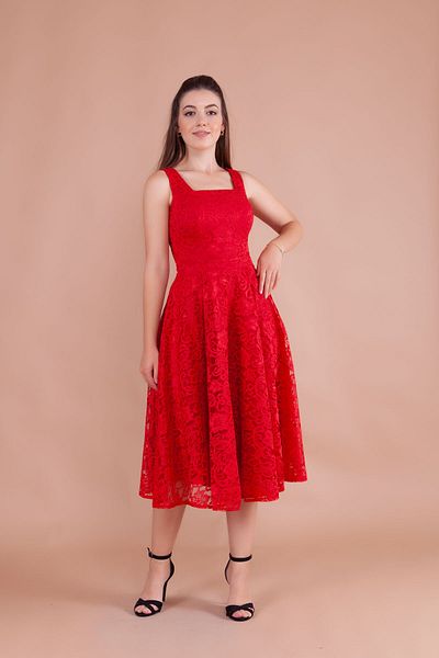 Bidoluelbise French Lace Square Collar Midi Length Sleeveless Thick Strap Evening & Invitation & Graduation Dress