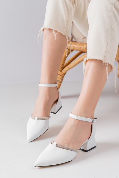 MELİKMERT New Season Women's White Satin Fabric Stoned Belly Slit Ankle Strap Short Heeled Shoes 3cm