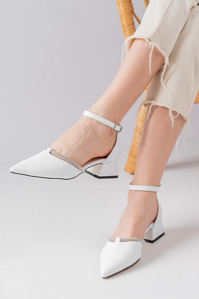 MELİKMERT New Season Women's White Satin Fabric Stoned Belly Slit Ankle Strap Short Heeled Shoes 3cm