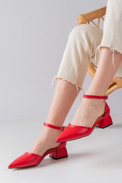 MELİKMERT New Season Women's Red Leather Slit Belly Ankle Strap Short Heeled Shoes 3cm