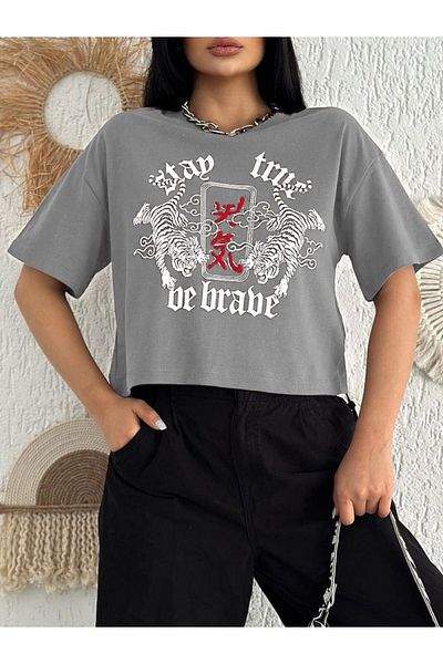 Modamorfo Tricou crop gri - Gât rotund și design imprimat