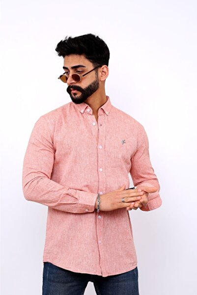 hammerland Men's Embroidery Detailed Linen Shirt-k. Pink Hmd0003