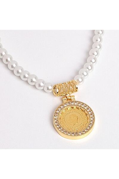 aytekgold 22 Ayar Çeyrek Altınlı Incili Kolye