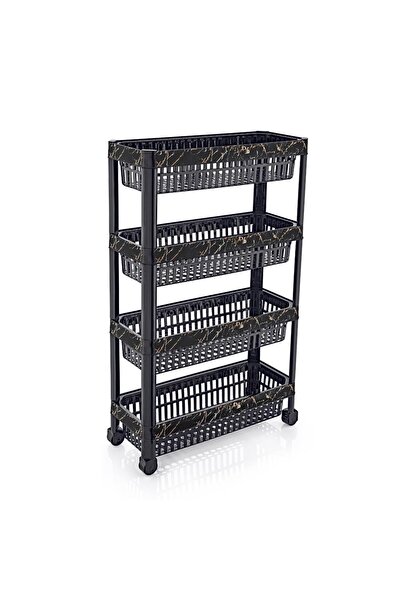 abnturk Siyah Mermer Desenli Çok Amaçlı Tekerlekli 4 Katlı Sebzelik Demonte D...