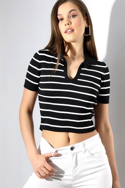 Devinka بلوزة نسائية سوداء مخططة بياقة بولو