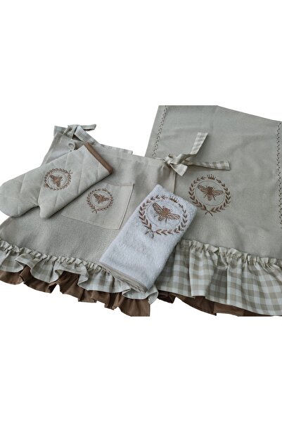 Sister Home Design Arı desenli, Fırfırlı, Buldan Keten Seti 4'lü (FIRIN ÖRTÜS...