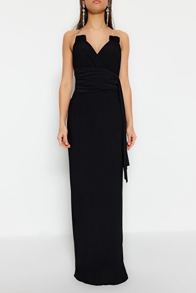 Trendyol Collection Μαύρο Φόρεμα Βραδινής Αποφοίτησης με Λάμψη και Ραμμένα Κρύσταλλα TPRSS23AE00249